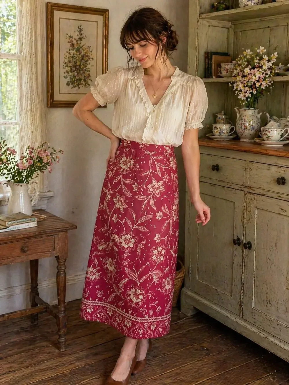 Talbots Petites Skirt 10 Berry Red Floral Midi Cotton Zip Boho Cottage Classic